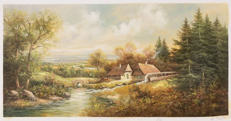Leupen Jan van der Die Brücke über den Bach (Öl auf Leinwand) (Landschaftsmalerei, Natur, Bach, Bäume, Idylle, Bauernhof, romantisch, Original, Wohnzimmer, bunt)