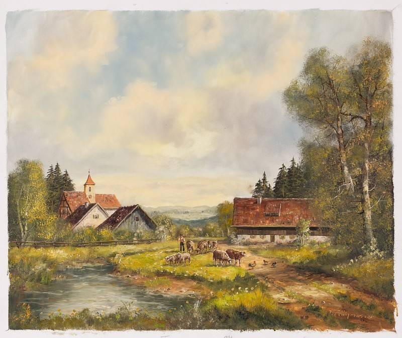Frühmesser Josef Schäfer vor dem Dorf (Öl auf Leinwand) (Landschaft, Landschaftsmalerei, Teich, Schäfer, Schafe, Idylle, Dorf, Kirche, Bäume, Birken, Original, Wohnzimmer, bunt)