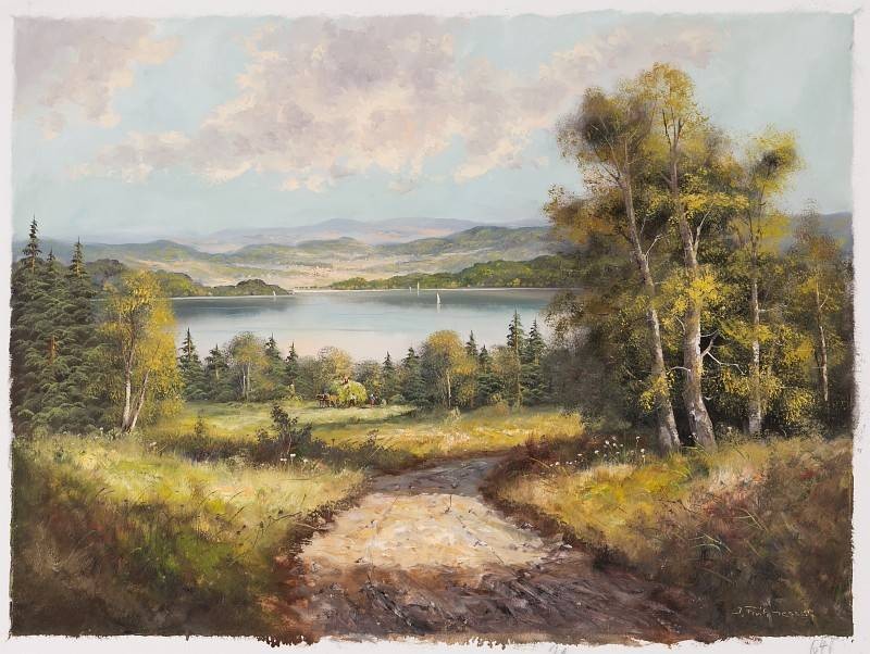 Frühmesser Josef Blick auf den See (Öl auf Leinwand) (Landschaft, Landschaftsmalerei, Wanderweg, Panorama, See, Bäume, Birken, Original, Wohnzimmer, bunt)