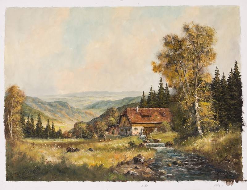 Frühmesser Josef Mühle im Gebirge (Öl auf Leinwand) (Landschaft, Landschaftsmalerei, Bach, Mühle, Wassermühle, Panorama, Bäume, Birken, Original, Wohnzimmer, bunt)