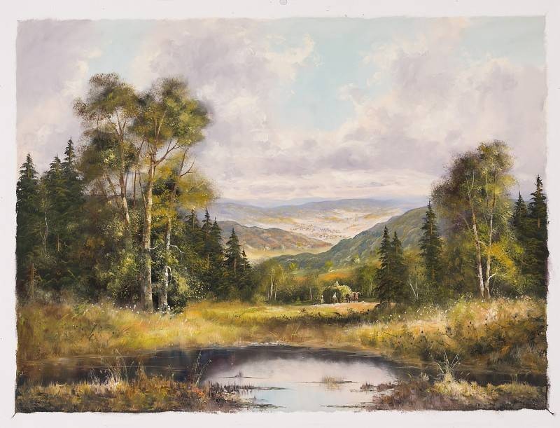 Frühmesser Josef See am Waldrand (Öl auf Leinwand) (Landschaft, Landschaftsmalerei, Panorama,Teich, Berge, Bäume, Birken, Idylle, Original, Wohnzimmer, bunt)