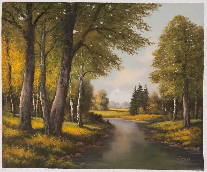 Sandner Peter Bach und Lichtung (Öl auf Leinwand) (Landschaft, Wald, Bach, Natur, Ruhe, Stille, Idylle, Malerei, Original, Wohnzimmer, bunt)