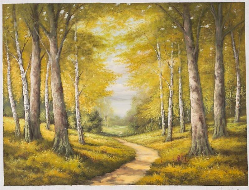 Sandner Peter Birkenwald mit Bachlauf (Öl auf Leinwand) (Landschaft, Wald, Bäume, Birken, Bach, Natur, Ruhe, Stille, Idylle, romantisch, Malerei, Original, Wohnzimmer, bunt)