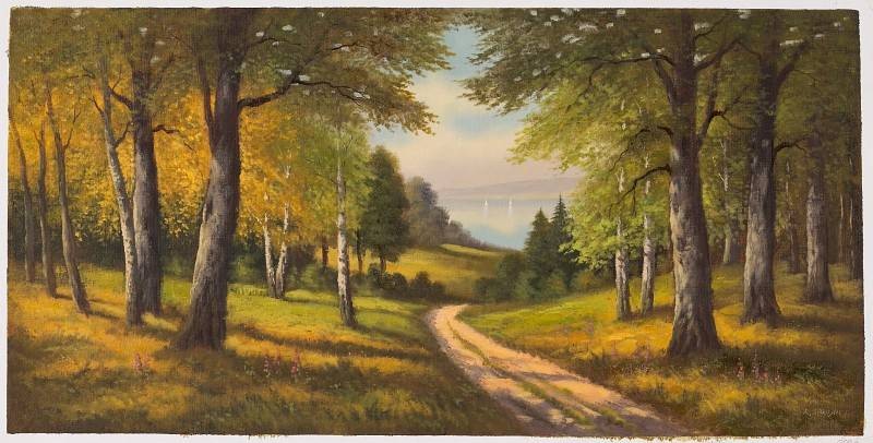 Sandner Peter Weg zum See mit Booten II (Öl auf Leinwand) (Landschaft, Wald, Bäume, Waldweg, See, Natur, Ruhe, Stille, Idylle, romantisch, Malerei, Original, Wohnzimmer, bunt)