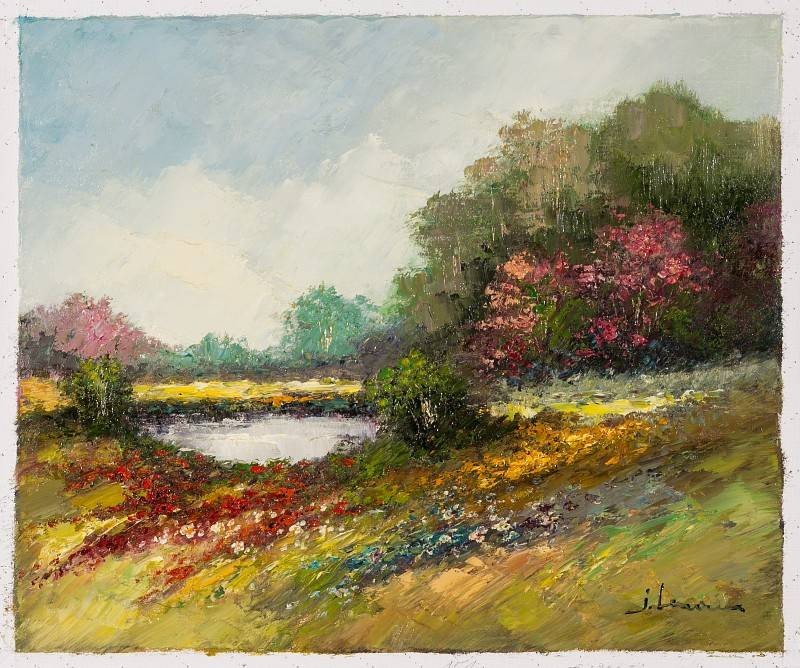 Lenaers Jef Blumenwiese mit See (Öl auf Leinwand) (Landschaft, Landschaftsmalerei, Blumen, Bäume, Blüten, Teich, Sommer, Ebene, Wohnzimmer, Treppenhaus, Original, Malerei, bunt)