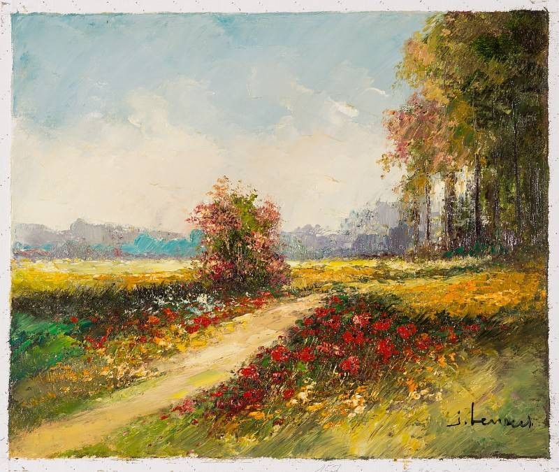 Lenaers Jef Weg durch Blumenwiese (Öl auf Leinwand) (Landschaft, Landschaftsmalerei, Blumen, Bäume, Blüten, Weg Feldweg, Sommer, Ebene, Wohnzimmer, Treppenhaus, Original, Malerei, bunt)