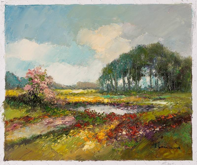 Lenaers Jef Blumenwiese mit Waldstück und See (Öl auf Leinwand) (Landschaft, Landschaftsmalerei, Blumen, Bäume, Blüten, Teich, Sommer, Ebene, Wohnzimmer, Treppenhaus, Original, Malerei, bunt)