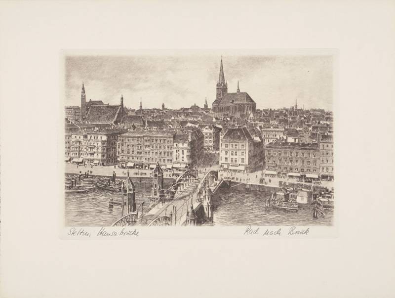Bruck  Stettin, Hansabrücke (Radierung, s/w) (Stadt, Stadtansicht, Vedute, Nostalgie, Grafik, Wohnzimmer, Bibliothek, Treppenhaus, Original, schwarz/weiß)