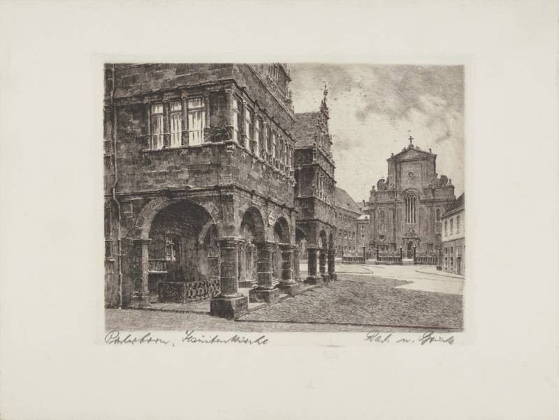 Bruck  Paderborn, Jesuitenkirche (Radierung, s/w) (Stadt, Stadtansicht, Vedute, Nostalgie, Grafik, Wohnzimmer, Bibliothek, Treppenhaus, Original, schwarz/weiß)