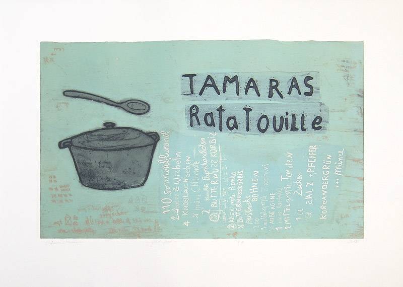 Neumann Stefanie Tamaras Ratatouille ''good food'' (30) (Radierung, handsigniert) (Topf, Kochtopf, Kochlöffel, französische Küche, Kalligrafie, Küche, Esszimmer, Original, Grafik, signiert, pastell, grün)