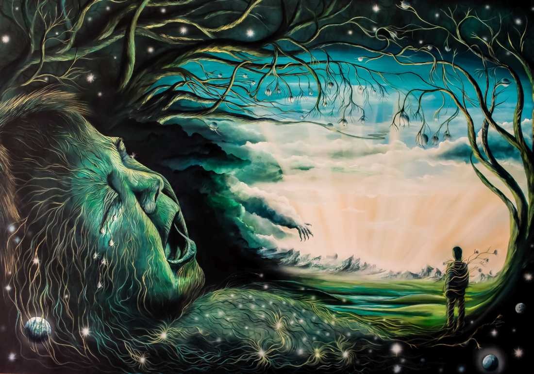 Conny Krakowski, Ohne Worte (Surrealismus, Traum, Magie, Esoterik, Baum, Traumbaum,Lebensbaum,Geburt,Leben,Sterben,Wege, Lebensweg, Phantasie,Fantasie,Realismus,Malerei,Gemläde,detaiiert,Traumbild,Traumlandschaft,Landschaftsmalerei,Träumerei,Wasserfall,Berge,Wolken,)
