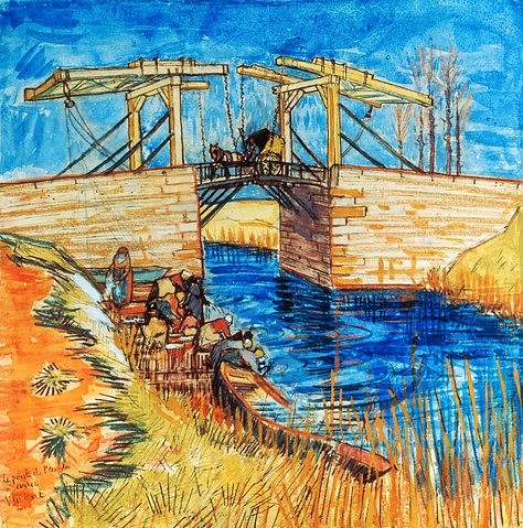 Vincent van Gogh, Die Brücke von Langlois in Arles. Arles 1888. (Landschaft, Brücke, Zugbrücke, Arles, Frankreich, Fluss, Ufer, Wäscherinnen, Pferdewagen, Sommer, Klassische Moderne, Impressionismus, Wohnzimmer, Treppenhaus, Wunschgröße, bunt)