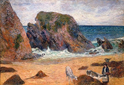 Paul Gauguin, Frau mit Kühen am Strand. 1886. (Gauguin,Paul,1848-1903,Christie's Images Ltd,Paul Gauguin,Frau,Kuh,Kühe,Strand,19. Jahrhundert,Felsen,Meer,Klippen,Hirtin)