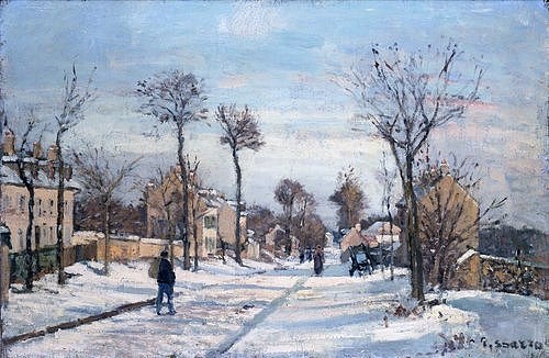Camille Pissarro, Strasse von Louveciennes im Schnee. (Christie's Images Ltd,Pissarro,Camille,1830-1903,Camille Pissarro,19. Jahrhundert,20. Jahrhundert,Straße,Louveciennes,Winter,Schnee,Frankreich,Impressionismus,impressionistisch)