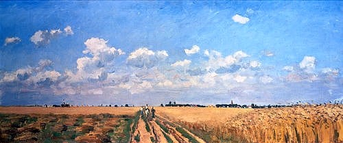 Camille Pissarro, Sommer (Kornfelder, aus: Die vier Jahreszeiten). 1872/1873 (Christie's Images Ltd,Pissarro,Camille,1830-1903,Camille Pissarro,19. Jahrhundert,Sommer,Kornfelder,Jahreszeit,Wolken,Himmel,Feld,Feldweg,sommerlich,sonnig,Sonnenschein,Landschaft, französischer impressionismus)