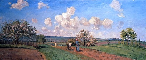 Camille Pissarro, Frühling (Frühjahrs-Bestellung, aus: Die vier Jahreszeiten). 1872. (Christie's Images Ltd,Pissarro,Camille,1830-1903,Camille Pissarro,Frühling,Jahreszeit,19. Jahrhundert,Wolken,Baum,Feldarbeit,Himmel,sonnig,Sonnenschein,Landschaft, französischer impressionismus)