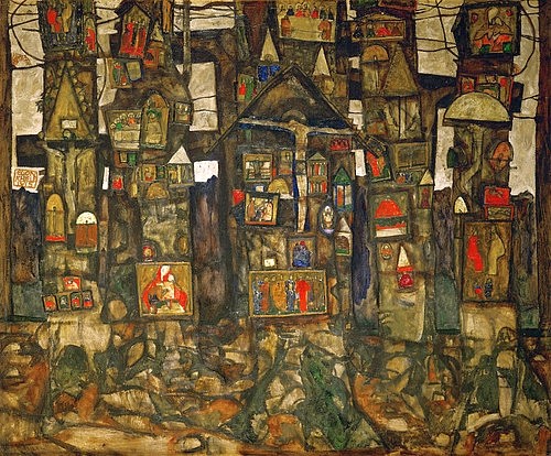 Egon Schiele, Waldandacht. 1915. (Wunschgröße, Malerei, Häuser, Architektur, Wald, Klassische Moderne, Expressionismus, Wohnzimmer, Treppenhaus, bunt)