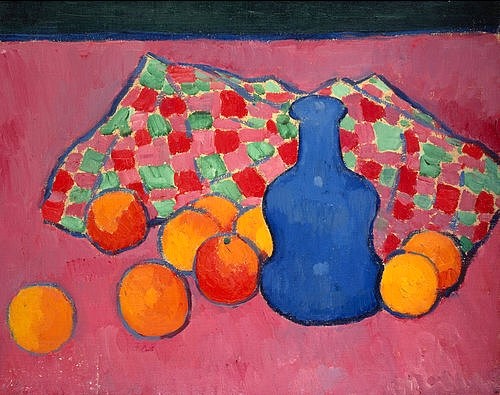 Alexej von Jawlensky, Blaue Vase mit Orangen. Um 1907. (Jawlensky,Alexej von,1864-1941,Christie's Images Ltd,Alexej von Jawlensky,20. Jahrhundert,Expressionismus,expressionistisch,Vase,blau,pink,Orangen,Geschirrtuch,Stillleben)