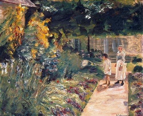 Max Liebermann, Die Enkelin des Künstlers mit ihrem Kindermädchen im Garten des Landhauses in Wannsee. 1923 (Christie's Images Ltd,Liebermann,Max,1847-1935,Öl auf Leinwand,Max Liebermann,20. Jahrhundert,Enkelin,Mädchen,Kind,Kindermädchen,Garten,Landhaus,Impressionismus,Gartenweg,impressionistisch)