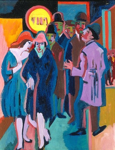 Ernst Ludwig Kirchner, Nächtliches Strassenbild (Recto). 1925. (Kirchner,Ernst Ludwig,1880-1938,Christie's Images Ltd,Ernst Ludwig Kirchner,20. Jahrhundert,Nacht,nächtlich,Straße,Recto,Menschen,Frauen,Männer,Passanten)