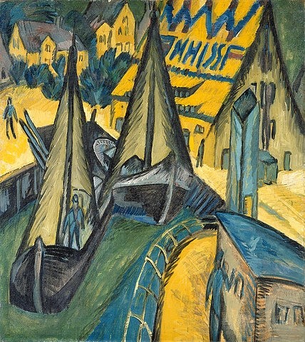 Ernst Ludwig Kirchner, Der Hafen Burgenstaaken auf Fehmarn. 1913. (Expressionismus,Öl auf Leinwand,Christie's Images Ltd,1880-1938,Kirchner,Ernst Ludwig,Ernst Ludwig Kirchner,20. Jahrhundert,Hafen,Fehmarn,Insel,Nordsee,Burgenstaaken,Deutschland,Schiffe,Segelschiffe)