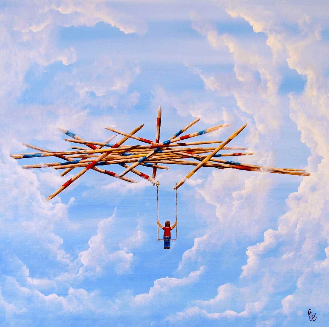 Conny Krakowski, Risiko Leben (Surrealismus, Traum, Magie, Esoterik, Baum, Traumbaum,Lebensbaum,Geburt,Leben,Sterben,Wege, Lebensweg, Phantasie,Fantasie,Realismus,Malerei,Gemläde,detaiiert,Traumbild,Traumlandschaft,Landschaftsmalerei,Träumerei,Wasserfall,Berge,Wolken,)