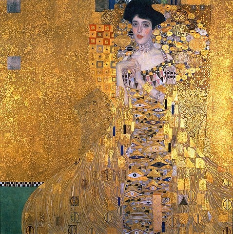 Gustav Klimt, Bildnis der Adele Bloch-Bauer I. 1907 (Klimt,Gustav,1862-1918,Öl,New York,Neue Galerie,20. Jahrhundert,Portrait,Gold und Silber auf Lwd.,Klimt, Gustav Klimt,Jugendstil,Frau,junge Frau,gold,Ornament,ornamental,Dekor,Muster,kostbar,Schmuck,quadratisch,Adele Bloch Bauer)