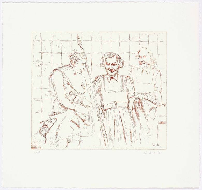 Kranz Walter Die Schwestern Veronal (Radierung) (Frauen, Trio, drei Frauen, Schwestern, Speer, Grafik, Radierung, Original, Wohnzimmer, Treppenhaus, schwarz/weiß)