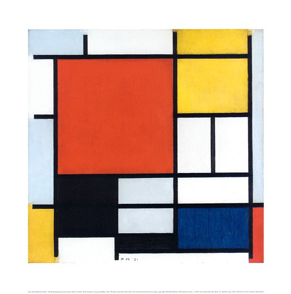 Piet Mondrian, Komposition mit grosser roter Fläche, Gelb,Schwarz (Malerei, Klassische Moderne, Konstruktivismus,  Neoplastizismus, geometrische Felder, Rechtecke, Raster, Wohnzimmer, Büro, Schlafzimmer, Arztpraxis, Wunschgröße, bunt)