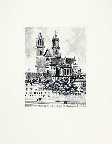 Bruck  Magdeburg, Dom (hoch) (Radierung, s/w) (Stadt, Stadtansicht, Vedute, Nostalgie, Grafik, Wohnzimmer, Bibliothek, Treppenhaus, Original, schwarz/weiß)