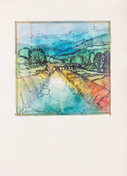 Rade Ernst-Peter Olsberger Mäppchen (50) (Acryl auf Papier, handsigniert, Unikat) (Landschaft, Fluss, Flussbett, Hügel, Transparenz, mediterran,   modern, Original, signiert, Wohnzimmer, Treppenhaus)
