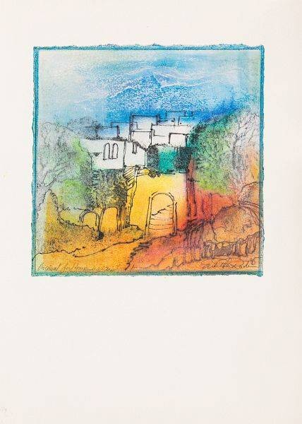 Rade Ernst-Peter Olsberger Mäppchen III (50) (Acryl auf Papier, handsigniert, Unikat) (Landschaft, Dorf, Bäume, Hügel, Transparenz, mediterran,   modern, Original, signiert, Wohnzimmer, Treppenhaus)