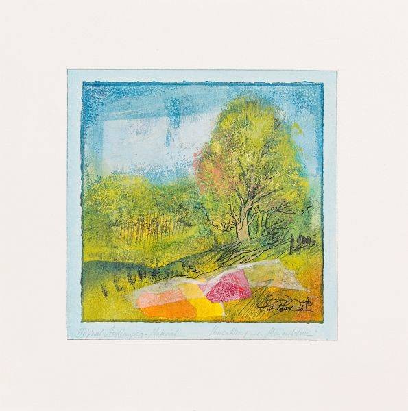 Rade Ernst-Peter Maienblau (50) (Acryl auf Bütten, handsigniert, Unikat) (Landschaft, Bäume, Feld, leuchtend, Sommer, Jahreszeit, abstrahiert, modern, Original, signiert, Wohnzimmer, Treppenhaus)