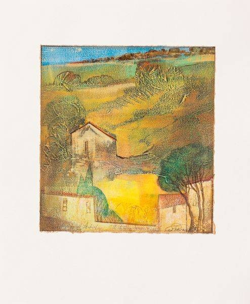 Rade Ernst-Peter Sommerreise II (50) (Acryl auf Bütten, handsigniert, Unikat) (Landschaft, Dorf, Bäume, Hügel, Transparenz, mediterran,   modern, Original, signiert, Wohnzimmer, Treppenhaus)