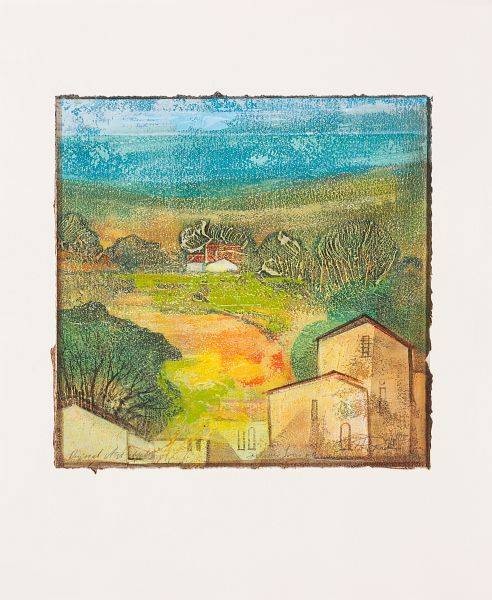 Rade Ernst-Peter Sommerreise IV (50) (Acryl auf Papier, handsigniert, Unikat) (Landschaft, Dorf, Bäume, Hügel, Transparenz, mediterran,   modern, Original, signiert, Wohnzimmer, Treppenhaus)