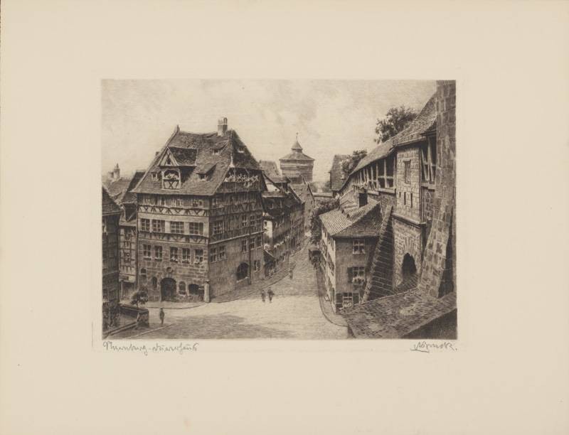 Bruck  Nürnberg, Dürerhaus (Radierung, s/w) (Stadt, Stadtansicht, Vedute, Nostalgie, Grafik, Wohnzimmer, Bibliothek, Treppenhaus, Original, schwarz/weiß)