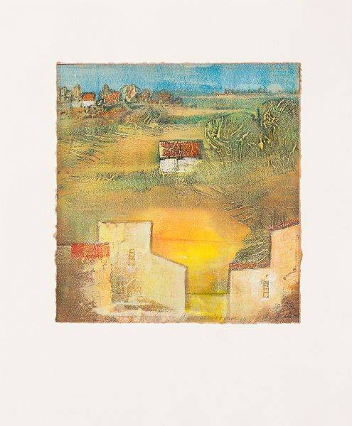 Rade Ernst-Peter Sommerreise I (50) (Acryl auf Bütten, handsigniert, Unikat) (Landschaft, Dorf, Bäume, Hügel, Transparenz, mediterran,   modern, Original, signiert, Wohnzimmer, Treppenhaus)