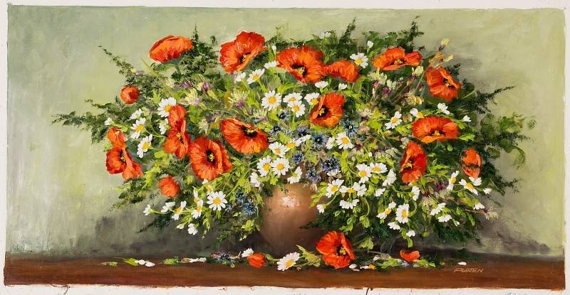 Platen Kurt Blumenbouquet mit Mohn I (Öl auf Leinwand) (Stillleben, Bouquet, Blumenschale, Vase, Vanitas, Vergänglichkeit, üppgig, Blumen, Blüten, Original, Wohnzimmer, Esszimmer, bunt)