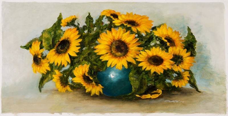 Platen Kurt Sonnenblumen (Öl auf Leinwand) (Stillleben, Bouquet, Sonnneblumen, Blumenschale, Vase, Vanitas, Vergänglichkeit, üppgig, Blumen, Blüten, Original, Wohnzimmer, Esszimmer, bunt)