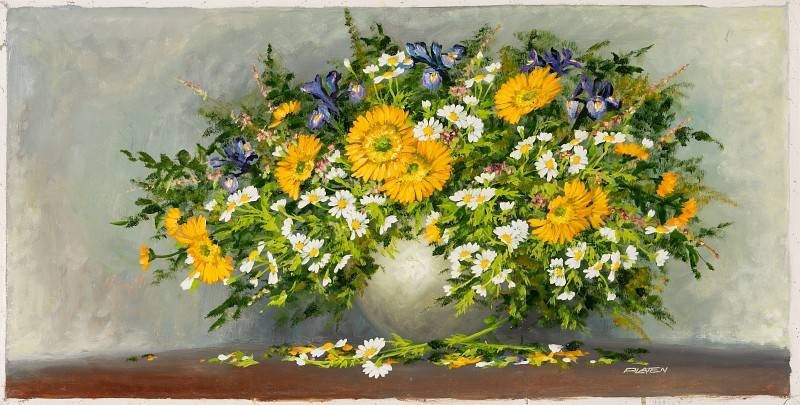 Platen Kurt Blumenbouquet mit Iris und Gerbera (Öl auf Leinwand) (Stillleben, Bouquet, Blumenschale, Vase, Vanitas, Vergänglichkeit, üppgig, Blumen, Blüten, Original, Wohnzimmer, Esszimmer, bunt)