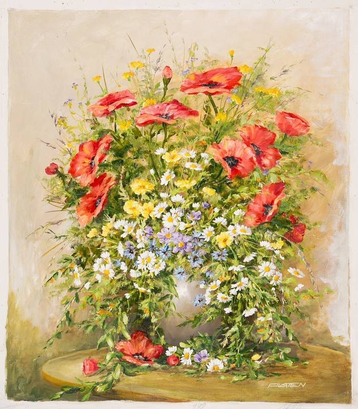 Platen Kurt Blumenbouquet mit Mohn und Kornblumen (Öl auf Leinwand) (Stillleben, Bouquet, Blumenschale, Vase, Vanitas, Vergänglichkeit, üppgig, Blumen, Blüten, Original, Wohnzimmer, Esszimmer, bunt)