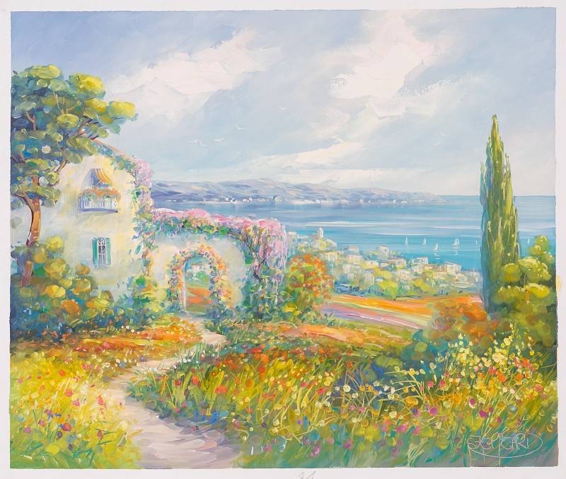 Picard Jean Claude Haus mit Seeblick (Öl auf Leinwand) (Landschaft, Landschaftsmalerei, zeitgenössisch, mediterran Felder, Zypressen, See, Bäume, Original, Öl auf Leinwand, Wohnzimmer,)