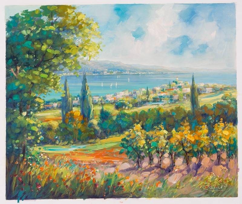 Picard Jean Claude Blühende Felder (Öl auf Leinwand) (Landschaft, Landschaftsmalerei, zeitgenössisch, mediterran Felder, Zypressen, See, Bäume, Original, Öl auf Leinwand, Wohnzimmer,)