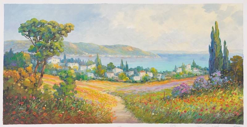 Picard Jean Claude Blühende Felder mit Stadt (Öl auf Leinwand) (Landschaft, Landschaftsmalerei, zeitgenössisch, mediterran Felder, Zypressen, See, Bäume, Original, Öl auf Leinwand, Wohnzimmer,)