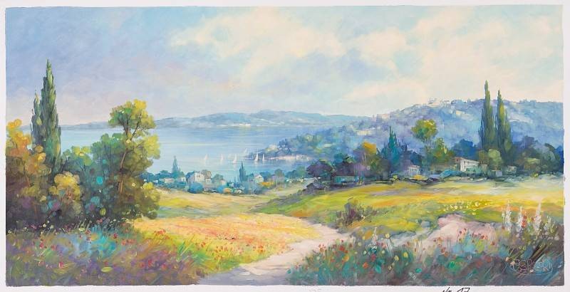 Picard Jean Claude Blühende Felder mit Stadt IV (Öl auf Leinwand) (Landschaft, Landschaftsmalerei, zeitgenössisch, mediterran Felder, Zypressen, See, Bäume, Original, Öl auf Leinwand, Wohnzimmer,)