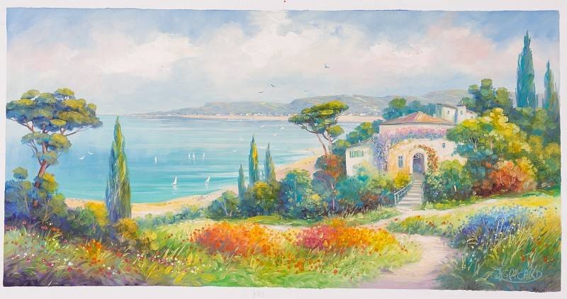 Picard Jean Claude Blumenbalkon mit Seeblick (Öl auf Leinwand) (Landschaft, Landschaftsmalerei, zeitgenössisch, mediterran Felder, Zypressen, See, Bäume, Original, Öl auf Leinwand, Wohnzimmer,)