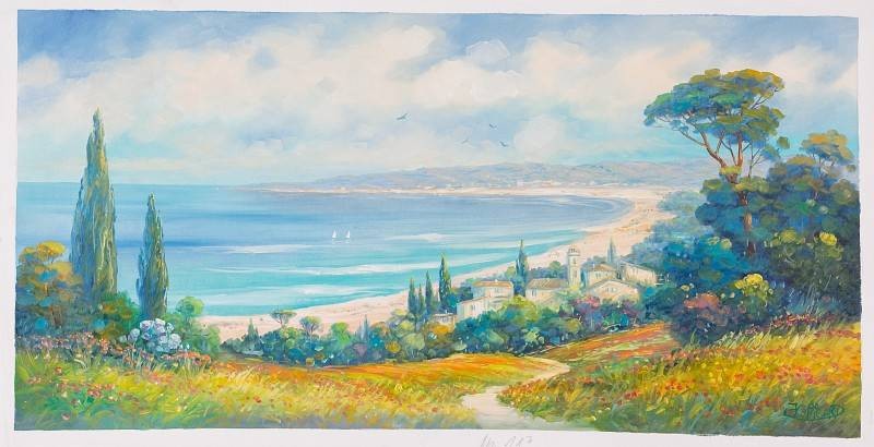 Picard Jean Claude Weiter Sandstrand (Öl auf Leinwand) (Landschaft, Landschaftsmalerei, zeitgenössisch, mediterran, Meer, Strand, Segelboote, Bäume, Original, Öl auf Leinwand, Wohnzimmer,)