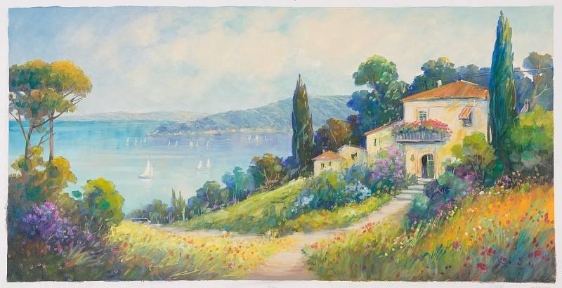 Picard Jean Claude Die Treppe zum Haus (Öl auf Leinwand) (Landschaft, Landschaftsmalerei, zeitgenössisch, mediterran Felder, Zypressen, See, Bäume, Original, Öl auf Leinwand, Wohnzimmer,)