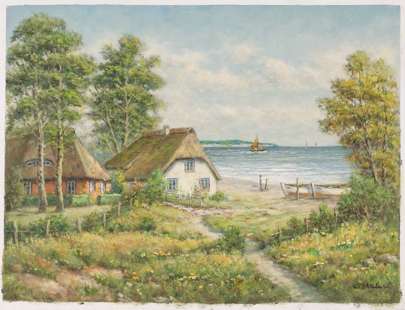 Hahn Willi Reetdachhäuser an der See (Öl auf Leinwand) (Landschaftsmalerei, Meer, Strand, Bauernhaus, Kate, Reeddach, Boot, Sand, Bäume, Idylle, Ölbild, Original, Wohnzimmer,)