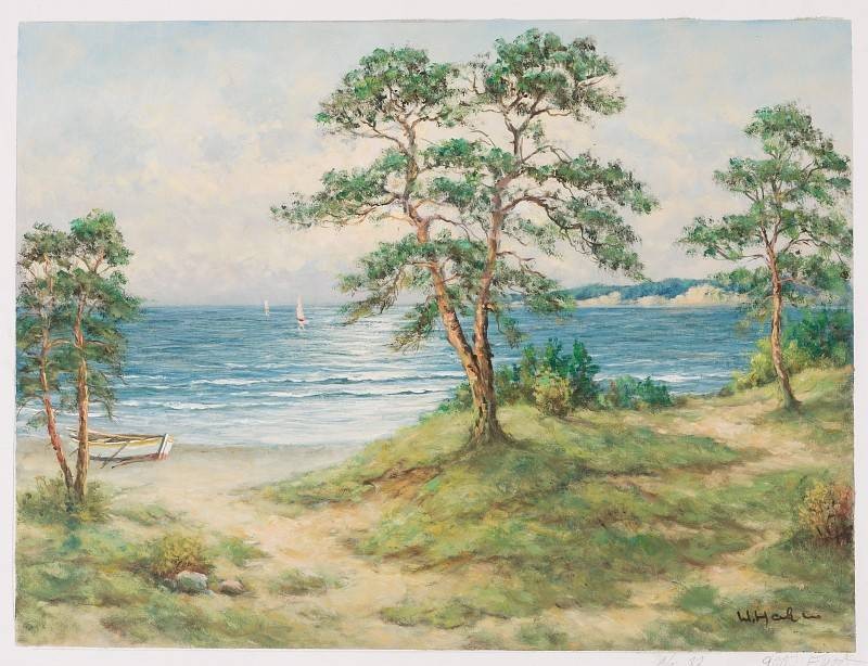 Hahn Willi Boot am Strand (Öl auf Leinwand) (Landschaftsmalerei, Meer, Strand, Boot, Bäume, Idylle, Ölbild, Original, Wohnzimmer,)